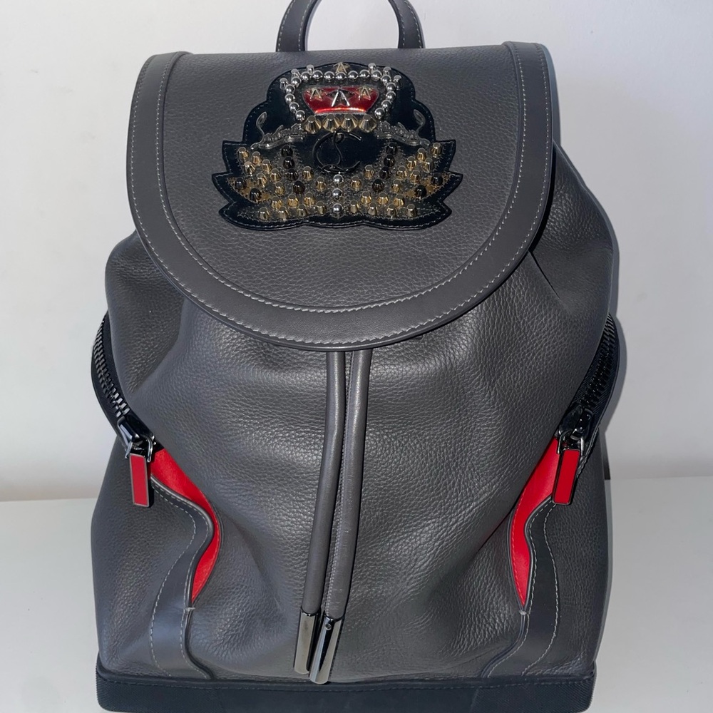 Christian Louboutin Gray and Red Backpack with Ornate Crest